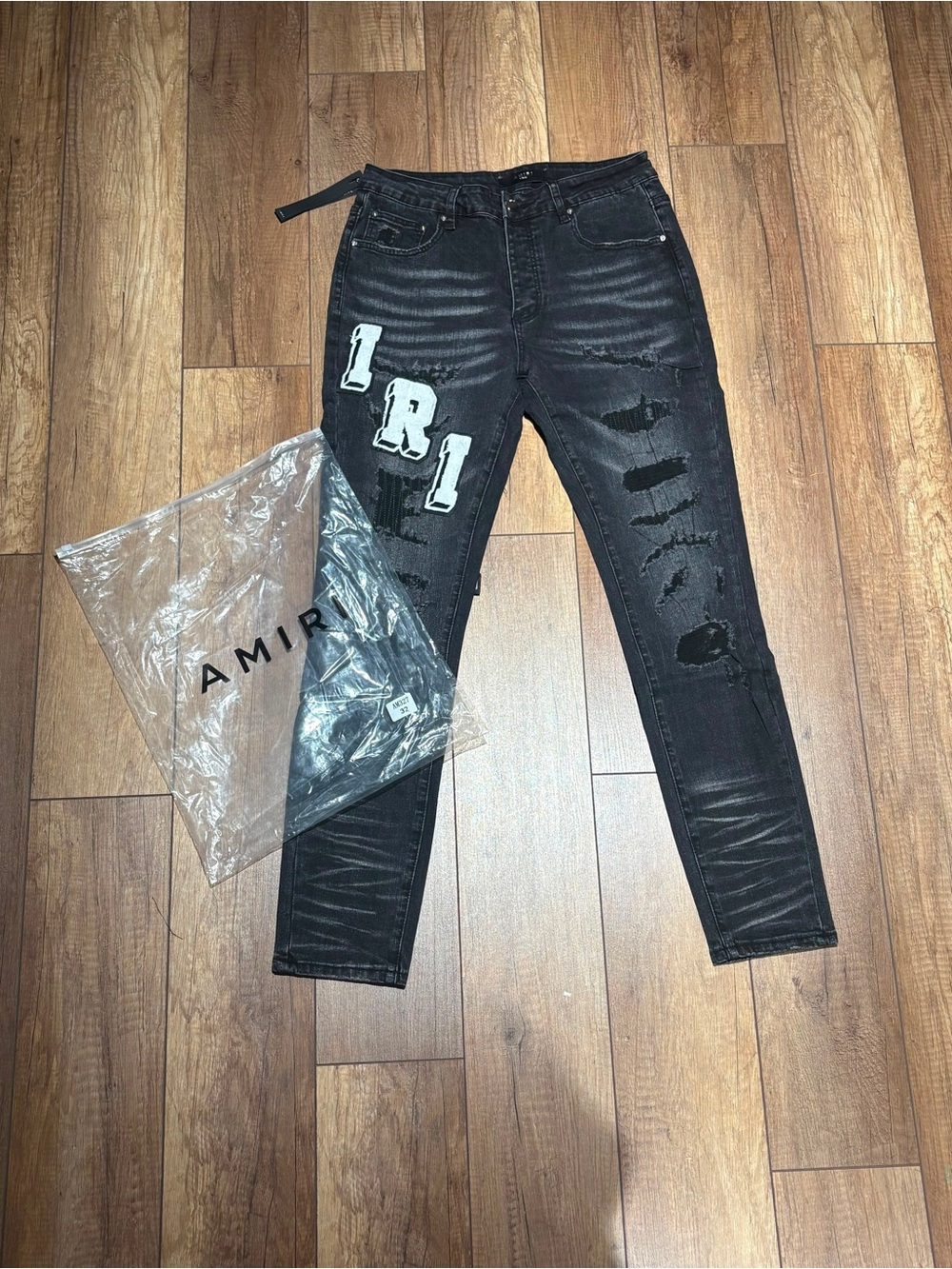 Amiri Mens Black Distressed Ripped Slim Black Jeans with White Logo Brand New
